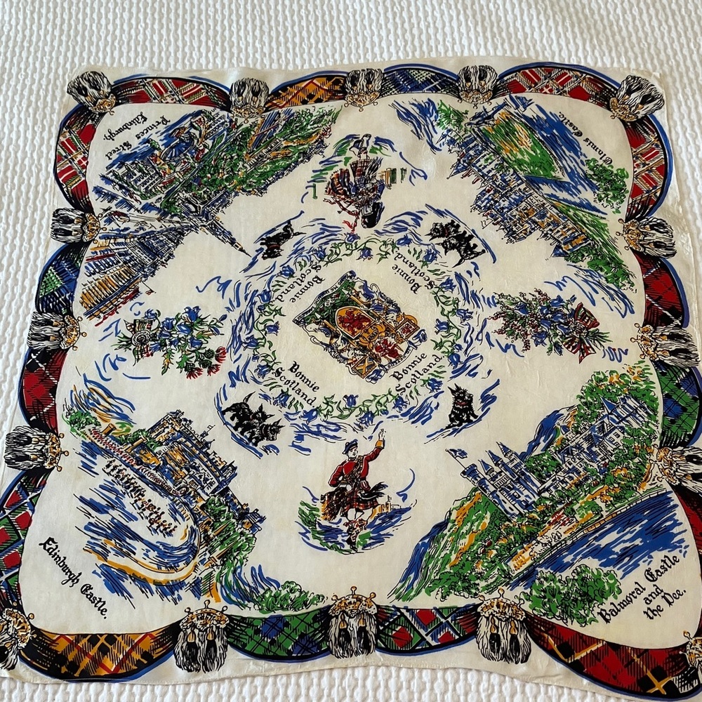 Vintage souvenir “Bonnie Scotland” scarf, Scottish scenes, white, blue & red